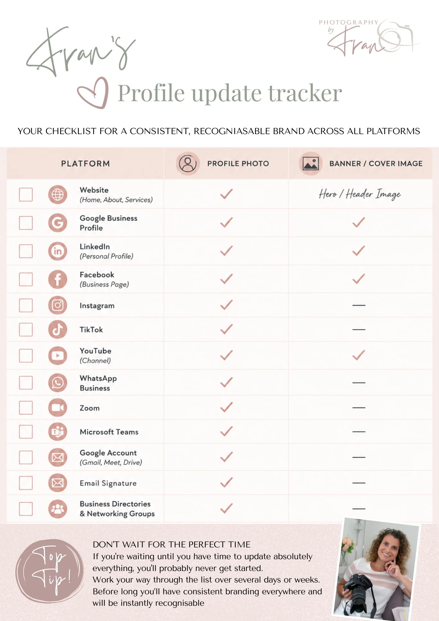 Checklist for updating profile photos from Photography by Fran