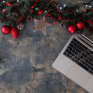 Business Christmas stock preview image from Photography by Fran - open laptop with Christmas decorations