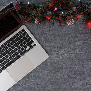 Business Christmas stock preview image from Photography by Fran - open laptop with Christmas decorations
