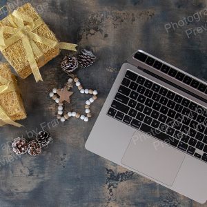 Business Christmas stock preview image from Photography by Fran - open laptop with Christmas decorations