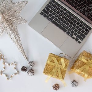 Business Christmas stock preview image from Photography by Fran - open laptop with Christmas decorations