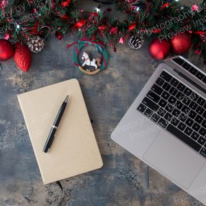 Business Christmas stock preview image from Photography by Fran - laptop with notebook & Christmas decorations