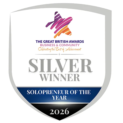 Great British Awards Silver Solopreneur pf the year 2026 badge for Photography by Fran